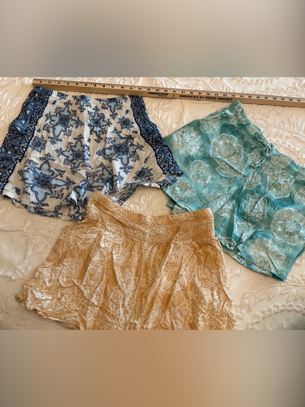 Women’s Patterned Elastic-Waist Shorts — Blue, Teal, and Tan